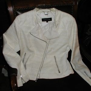 White jacket with leather lapel, zipper accents